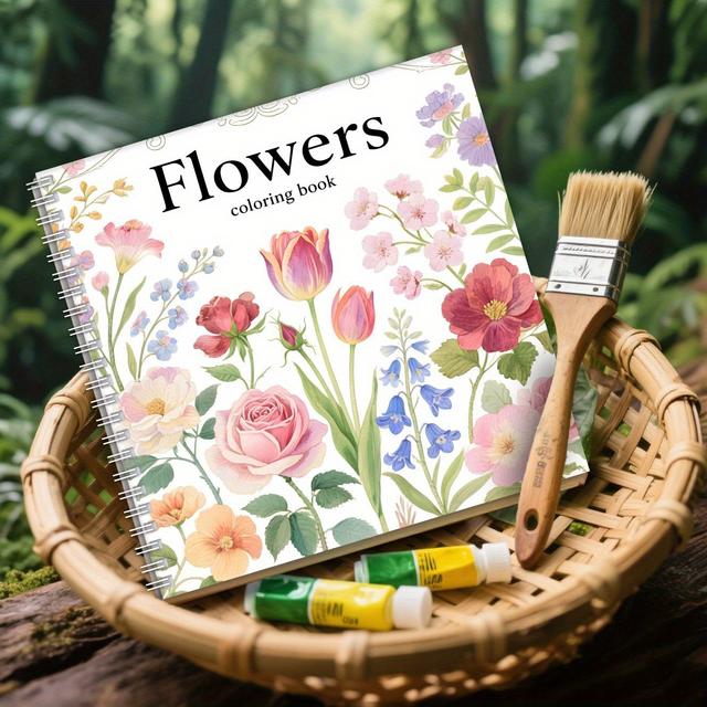 TEMU 1pc 20×20cm 24-page Single-sided Printed Relaxing Flower Coloring Book With Spiral Binding, Vibrant Floral Patterns - Stress- Art Gift For Christmas