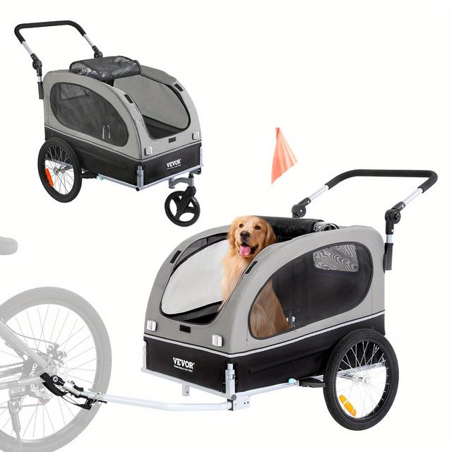 TEMU Vevor Dog Bike Trailer, Supports Up To 100 Lbs, 2-in-1 Pet Stroller Cart Bicycle Carrier, Easy Folding Cart Frame Release Wheels, Bicycle Coupler, Reflectors, Flag, Black/gray
