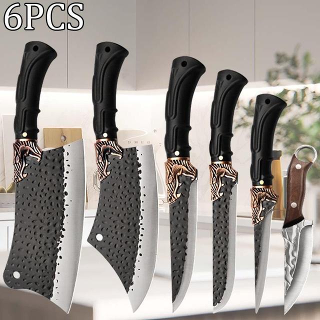 TEMU 6pcs Stainless Steel Professional Kitchen Chef Knife Set Handmade Knife For Butcher Knife Camping Knife Meat Cleaver Boning Knife Cutting Knife Fish Knife Utility Knife Vegetable Knife