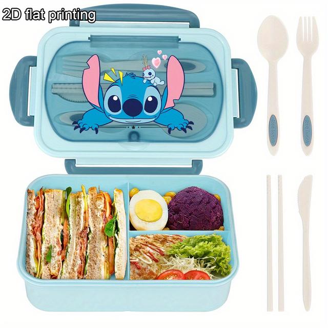 TEMU 1pc Stitch Bento Box With Tableware - Reusable Square Lunch Container, Built-in Storage Compartments & Food-safe Plastic, Portable For School, Work, Outdoor Dining,back To School
