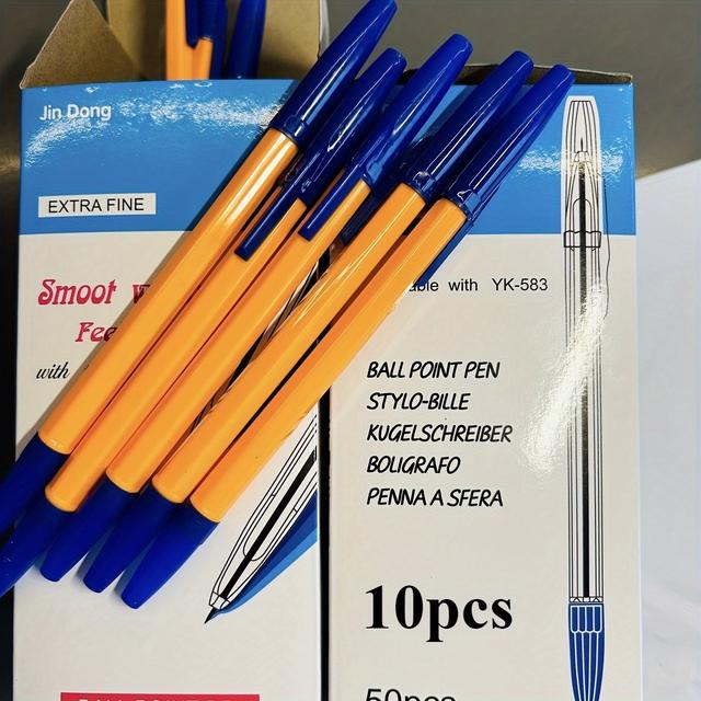 TEMU A Pack Of 10 Orange Original Fine-point Ballpoint Pens With Long-, Featuring A Fine Blue Tip, Perfect For School And Office Supplies