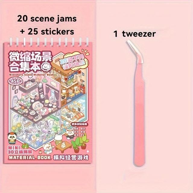 TEMU 20 Scene Cards + 25 Stickers + 1 Tweezers Miniature Scenery Collection Set, Landscape Sticker 3d , Diy Sticker Miniature House, Diy Handmade Decals