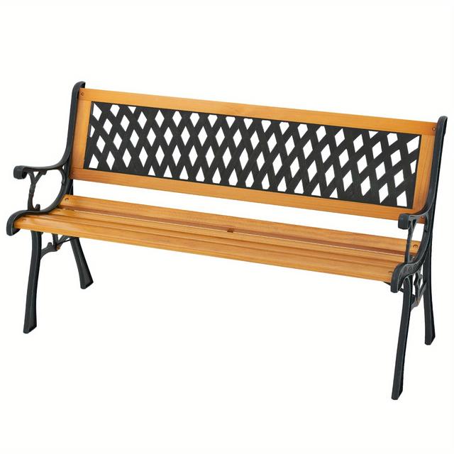 TEMU Outdoor Bench Heavy-duty Cast Metal Frame & Pine Wood Seat - 3-seater Garden Bench With Ergonomic Curved Armrests & Backrest Suitable For Patio, Park, Backyard - Assembly, Color (49.5 Inches)