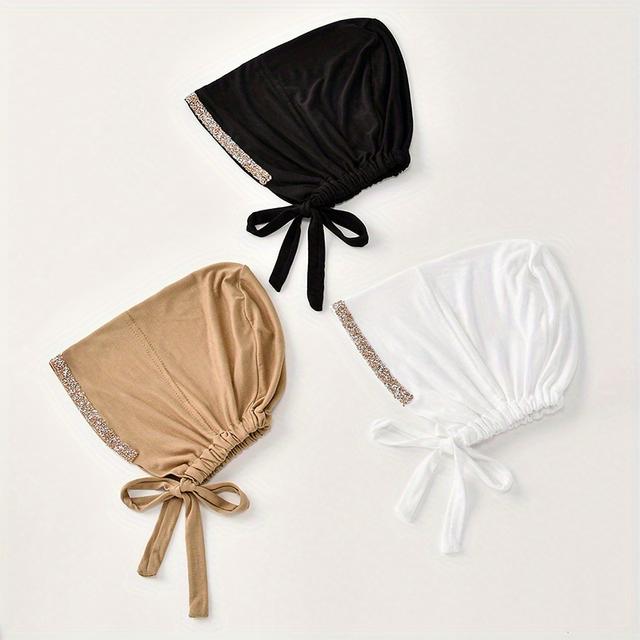 TEMU 3pcs Solid Color Iron-on Tie-back Cap 3pcs - Glossy Scarf Hat