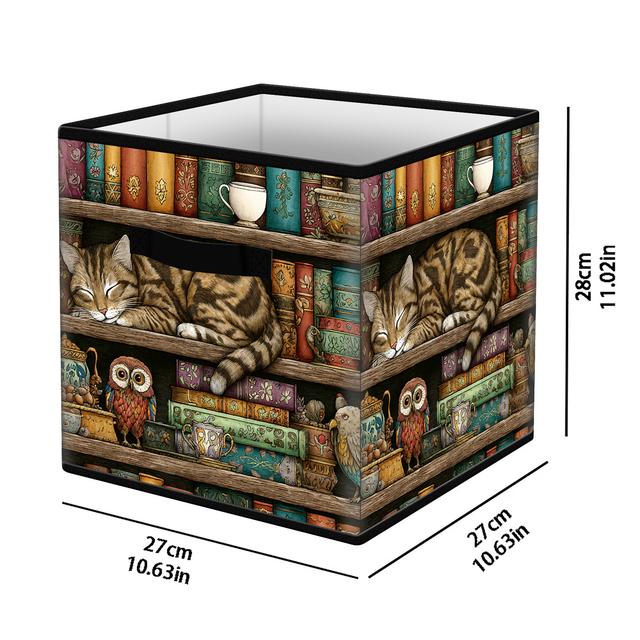 TEMU 1 stuks Opvouwbare Opbergdoos met Slapende Kat Design - 27cm x 27cm x 28cm Organizer, Duurzame Polyester Boekenplank & Organizer met Handvatten