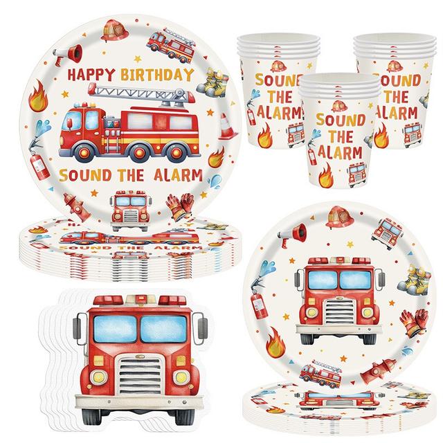 TEMU 50 Stück Feuerwehrwagen-Geburtstagsdeko inklusive Servietten und Teller, Aquarell Feuerwehrwagen Geburtstagsgeschenke und Feuerwehr-Partyzubehör