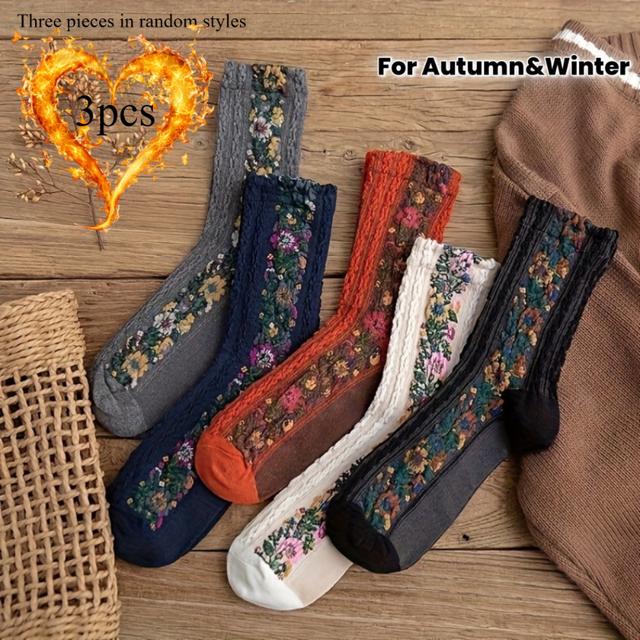 TEMU 3-pair Autumn/winter Vintage Floral Elegant Ethnic Style Comfortable Soft Breathable Sweat-absorbent Casual 's Mid-calf Slouchy Socks