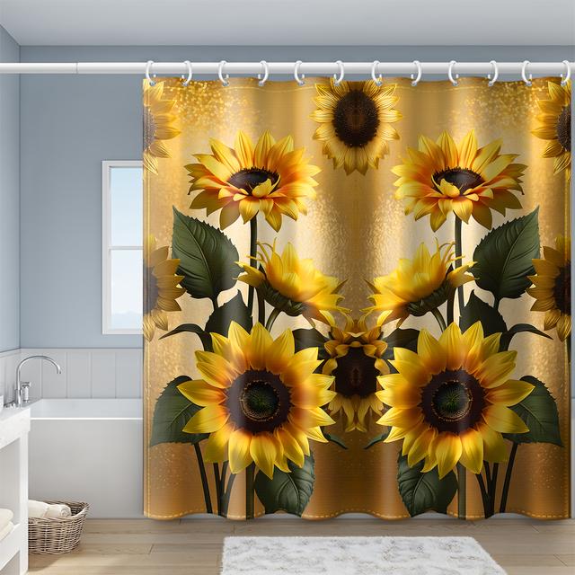 TEMU 1pc Sunflower Print Shower Curtain With Hooks, Polyester Fabric, Floral Pattern For Bathroom Decor, 71x71 Inches, Use, Bathroom Curtains