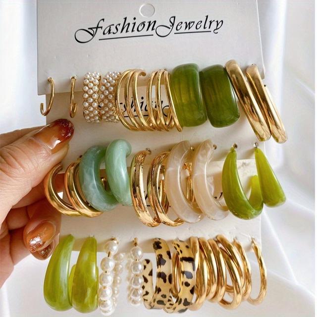TEMU 15pcs Set Of Women's Personalized And Fashionable European And American Golden And Green Retro Earrings Exudes A Sense Of And Suitable For Daily Parties Festivals And Multiple Occasions