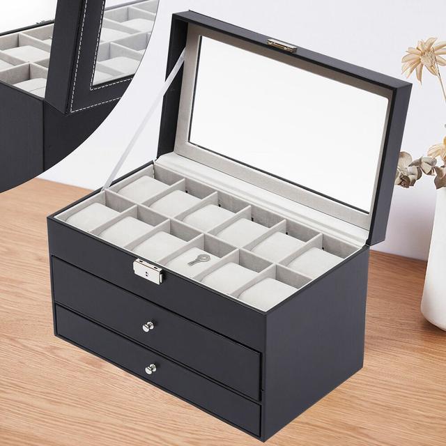 TEMU 3 Layer Black Leather Watch And Eyeglasses&sunglasses Box, Mens Womens Jewelry Box Watch Organizer Necklace Ring Earring Storage Lockable Gift Case
