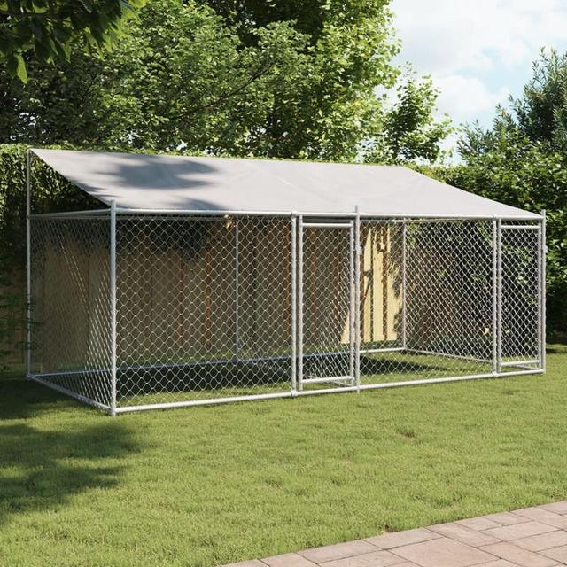 TEMU 1pc Large Kennel, 4x2x2m, Galvanized Steel Pet Cage With Doors, Outdoor , And Canine Enclosure, Grey
