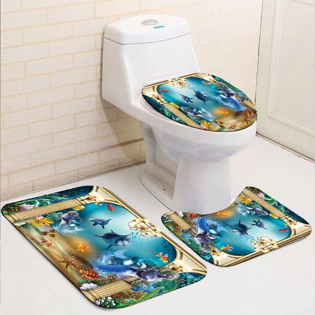 TEMU Bathshower Curtain(70.8x70.8in) Nonslip Bath Mat Rug Toilet Seat (rug " X 17.7"+ U 17.7" X 14.7"+toilet Mats 17.3" X 14.9") Dolphin Bathroom Decor With 12 Hooks Carpet Washable Bathing