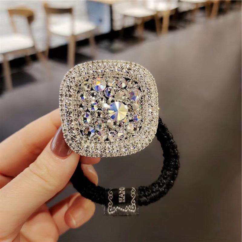 TEMU Korea Shiny Rhinestone Headrope Temperament Square Geometric Ring High Elastic Leather Band Headwear