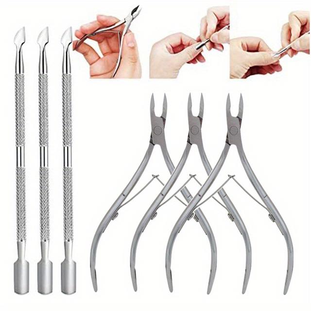 TEMU 6pcs Stainless Steel Nail Care Kit: Precision Cuticle Trimmers, Pushers & Scissors - Professional Manicure & Pedicure Tools Set With Textured Grip For Dead Skin Removal, Nail Tech Supplies