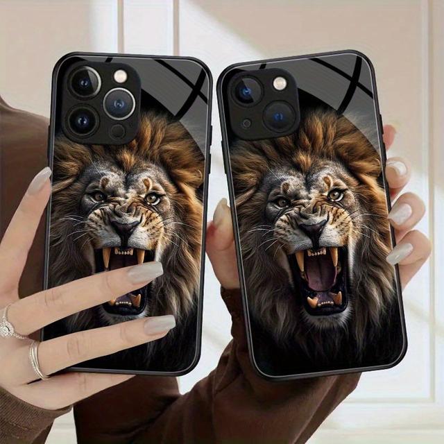 TEMU Lion Pattern Protective Tempered Glass Phone Case For Iphone 15pro Max/15pro/15plus/14 Pro Max/14 Plus/14 Pro/14/13 Pro Max/13 Pro/13/12 Pro Max/12 Pro Shockproof Soft Protective Cover