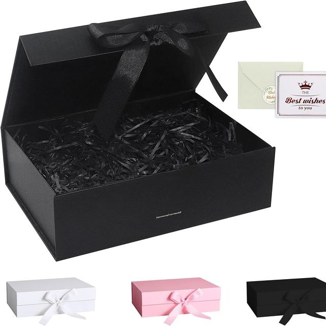 TEMU Black Gift Box, Luxury Magnetic Gift Box With Lid Ribbon Greeting Card Shredded Paper, Gift Packaging Box For Present Birthday Wedding Anniversary Festival Party Mother's Day