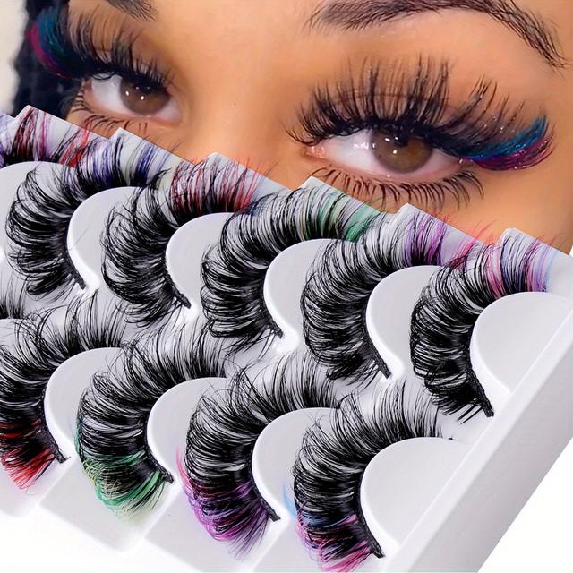 TEMU 7/14 Pairs Colorful False Eyelashes D Natural Fluffy Colored Makeup Eyelash Lashes Extensions D Volumes -rainbow