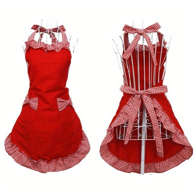 TEMU 1pc Uniformschürze, Halter Verstellbare Karo-Schleife Schaukel Spitze Schürze, Für Hausreinigung, Küchenkochen, Backen, Gartenarbeit, Küche, Catering, Milch, Tee-Shop-Arbeitskleidung