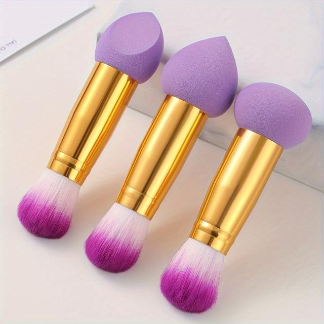 TEMU Set de 3 Brochas Mezcladoras para Base de Maquillaje con Doble Cabezal, Esponjas Suaves para Maquillaje y una Brocha Borbota para , Diseñadas para Femenina, en Morado