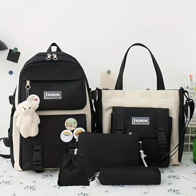 TEMU نسخة كورية: مجموعة 5 قطع - حقيبة ظهر، حقيبة كتف، حقيبة غداء بتصميم دب - ألوان الدبابيس قد تختلف قليلاً بسبب اختلاف الخياطة