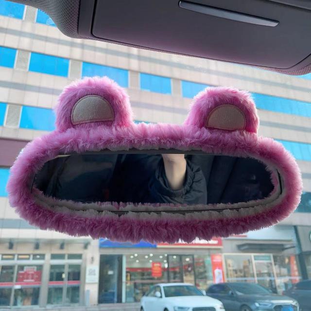 TEMU Chic Plush Bear Ear Car Mirror Cover - Soft, Fluffy & Stylish Women's Auto Interior Accessory