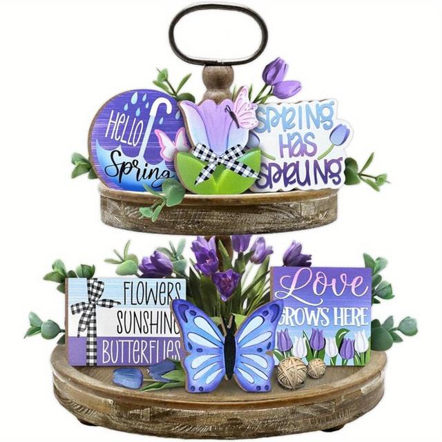 TEMU 1 Set Spring Tiered Tray Decor, Purple Farmhouse Tray Decorations Set, Flower Here Wooden Signs, Spring Decor For Home Party