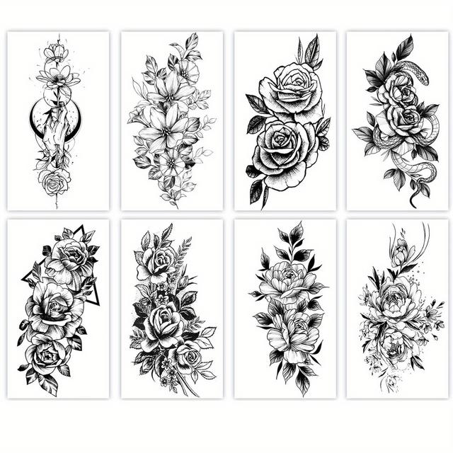 TEMU Ftvltat 8pcs Flower Tattoos For Women, Temporary Sexy Tattoos, Realistic 3d Sketch Henna Tattoo Kit Sleeves For Women, Makeup Designs Chest Abdomen Back Tattoos
