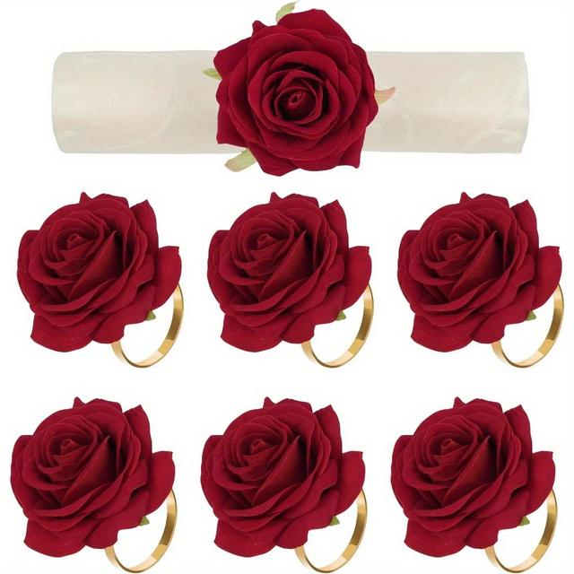 TEMU 6pcs Rose Napkin Rings, Artificial Rose Napkin Rings With Golden Metal Holder Design For Wedding Party Holiday Banquet Anniversary Dining Table Settings Decor (red Rose)