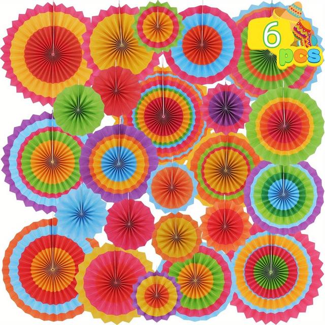 TEMU Set Of 6 Vibrant Paper Fans In Circular Shapes, Perfect For Decorating Parties Like Fiestas, , Celebrations, Carnivals, And Taco Events. For Halloween, Christmas Event & Party Supplies