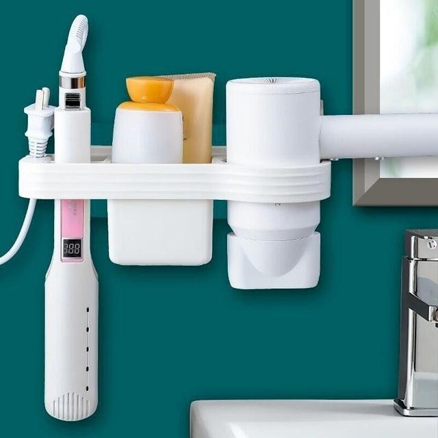 TEMU Soporte de Secador de Pelo en la Pared con Almacenamiento - Organizador de Baño de Plástico a Rayas para Cepillos y Accesorios