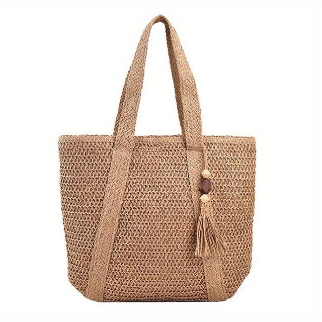 TEMU Large Capacity Bohemian Straw Tote Bag With Tassel Accent - Chic Summer Beach & Travel Shoulder Handbag For Women, Zip Closure, Fabric Material