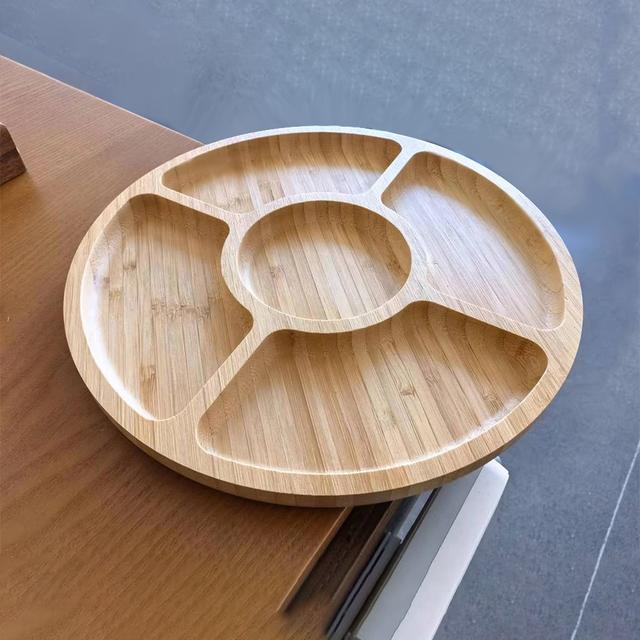 TEMU 1pc Solid Wood Five-compartment Food Tray, Multi- And Snack Tray, Bamboo Wood Tray With And Textured Surface, Natural, Sturdy, And Durable Round Platter For Home Party Plating And Decoration