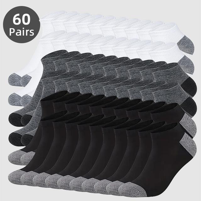 TEMU 60쌍 THCBME 남성용 컬러블록 보트 양말 - 화이트/블랙/그레이/베이지, 통기성 발목 양말, 아치 지지, 쿠션 발가락 & 뒤꿈치, 탄력 있는 고정 칼라, 캐주얼용 (대량 팩)