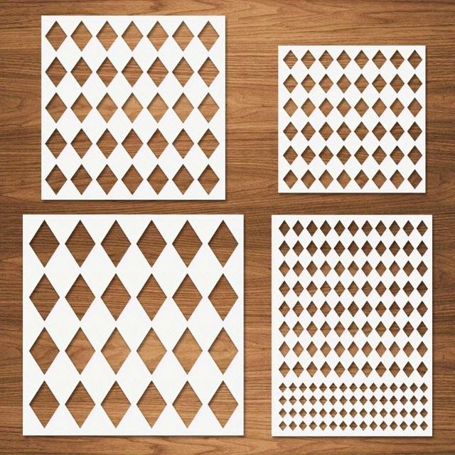 TEMU 4 Stück Harlekin-Diamant-Schablonen - Wiederverwendbare Kunststoff-Malvorlagen für Wand, Holz, Schrank, Kissen, Karten, Wohnkultur - Verschiedene Größen