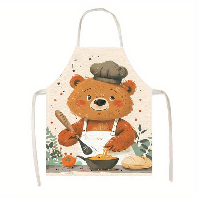 TEMU 1pc Cute Cooking Bear Linen Kitchen Apron, Lightweight & Breathable, Adorable Cartoon Bear With Vegetables & Utensils, Bbq, Cooking & Home Use, Gear | Adjustable Kitchen Apron | Linen Fabric