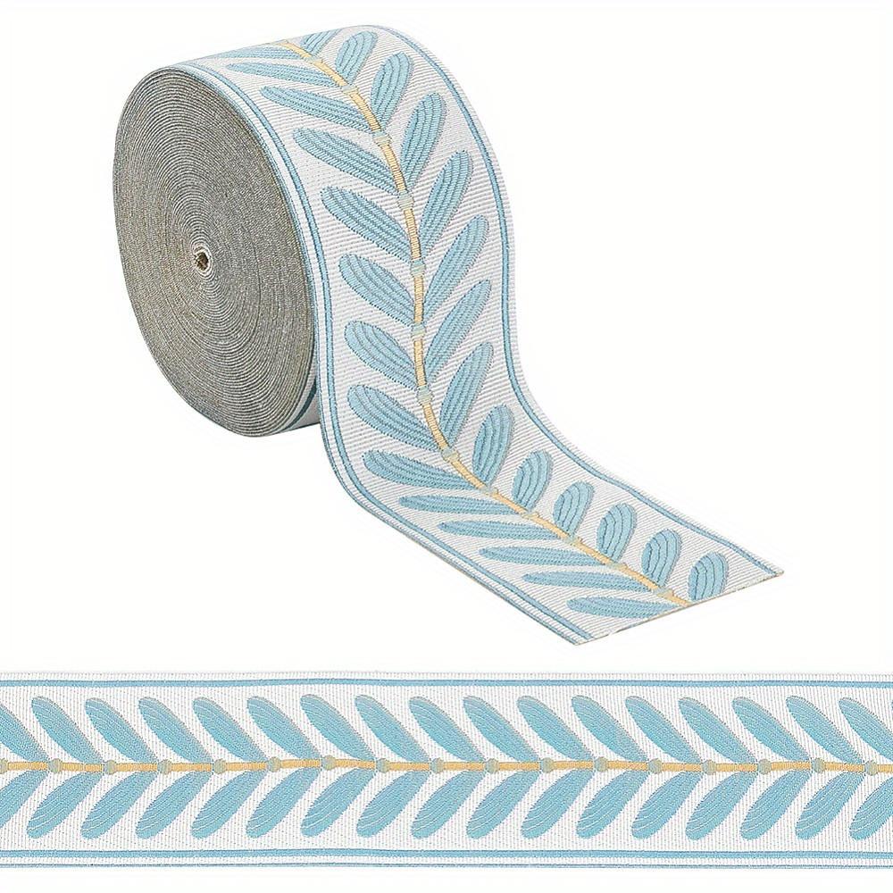 TEMU Medium Aquamarine Leaf Print Polyester Jacquard Ribbon, 2-3/8" Wide - 10m Set For Cushion Decor & Crafts