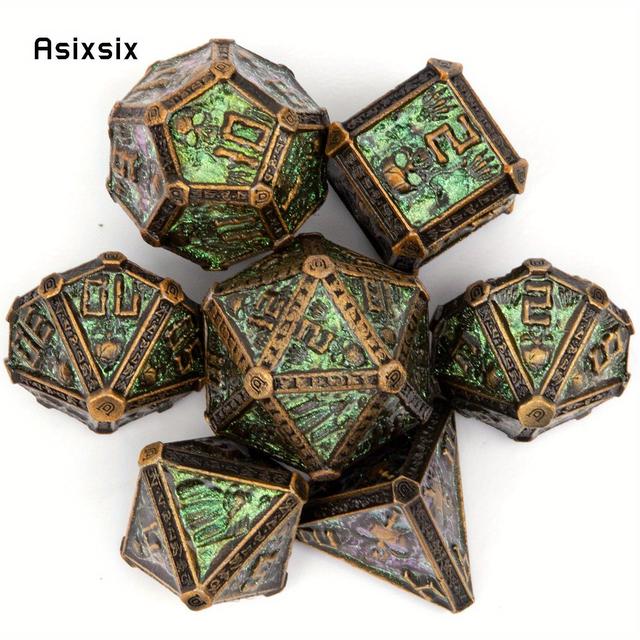 TEMU Conjunto de 7 Dados de Metal Caveira Verde Axis - Leves e , Formas Poliédricas para RPGs, Jogos de Tabuleiro e Cartas, Intrincados em Cobre