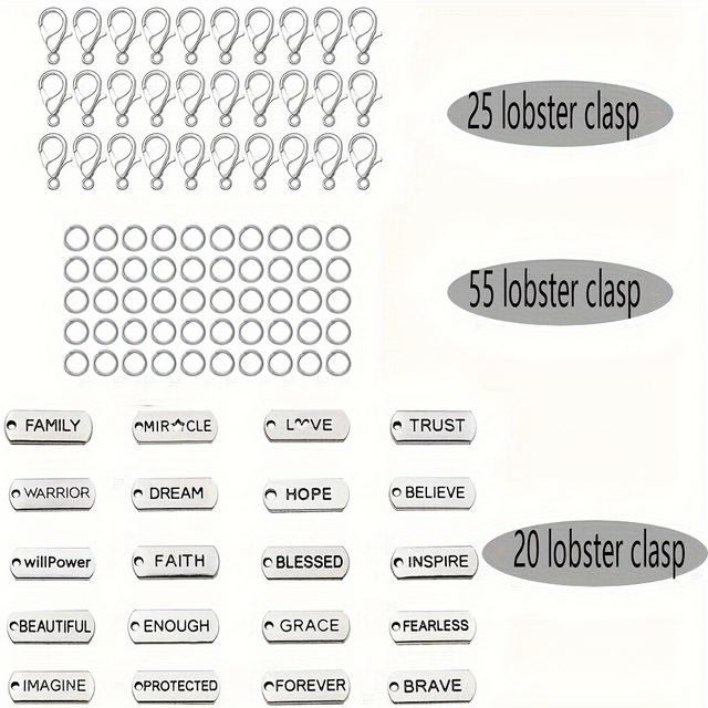 TEMU 100pcs Keychain Making Set, Craft Supplies Handmade Assorted Antique Silvery Inspired Text Pendant, Lobster Clasp, , For Jewelry Making Accessories