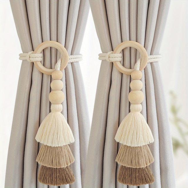 TEMU 2pcs Bohemian Style Handmade Tassel Curtain Tiebacks With Wooden Beads - Polyester Boho Window Drape Holdbacks For Home Decoration