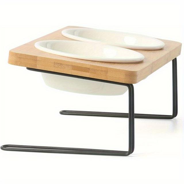 TEMU Elevated Cat Bowls, 15° Tilted Bamboo Stand With 2 Ceramic Dishes, Raised Food And Water Feeder Set For Cats And Small Dogs