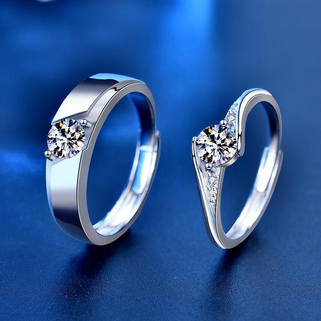 TEMU Couple's Ring Made Of 925 Silver Featuring 2 0.5 Carat Moissanite Diamonds, Adjustable For Men, Suitable For Proposals, Engagements, Weddings, And By Brides, , Bridesmaids, And Groomsmen In A