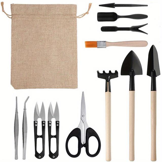 TEMU 13pcs Mini Garden Hand Tools Set - Metal & Wood Transplanting Shovel Kit With Fabric Pouch For Outdoor Bonsai Planting - Manual Use Without Electricity