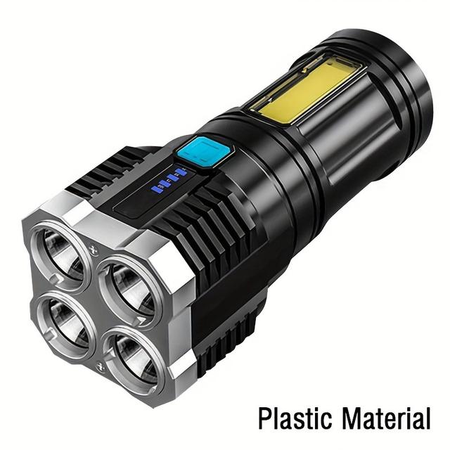 TEMU Powerful 4 Led Flashlight With Cob Side Light, 4 Modes Usb Rechargeable Flash Light, Abs Torch, Camping Tool, Ipx4