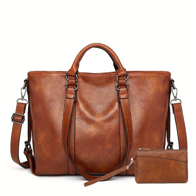 TEMU Conjunto de 2 Peças de Bolsa de Mão e Tote Feminina - Vintage com Múltiplos Bolsos, Leve, Fechamento de Zíper, Alça Destacável, Bolsas para Viagem - Presente Elegante para Mãe, Natal, Negócios