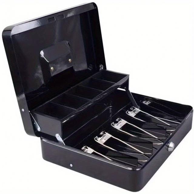 TEMU 12 Zoll 30cm Metall Spardose mit Schloss und 2 Schlüsseln, 5 Fächer Hängende Münzschalen und 4 Federklammern, Münz- und Banknotensafe, Schwarz