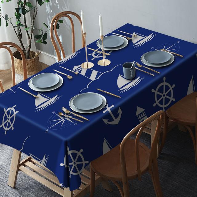 TEMU 1pc Nautical Print Tablecloth, Blue Polyester, & Reusable, Machine Made, Indoor & Outdoor Party Decor, Suitable For All