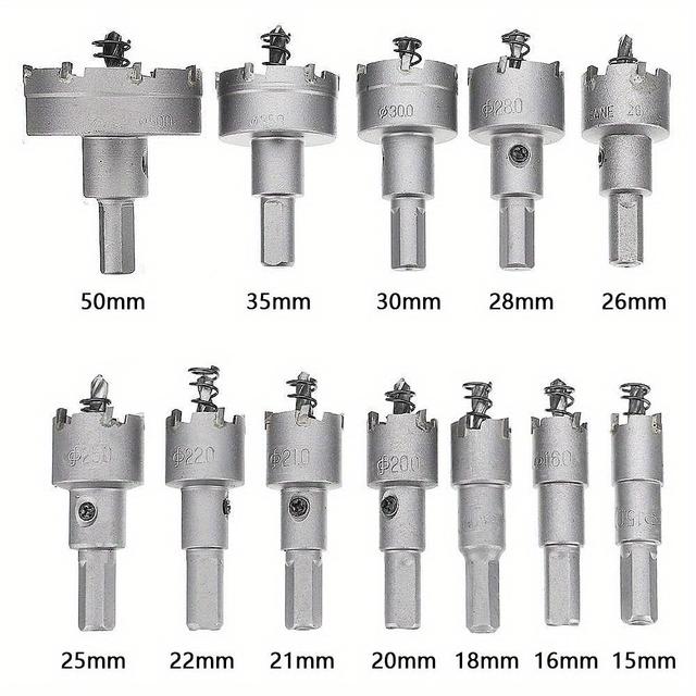 TEMU 12pcs15-50mm Alloy Set Carbide Tip Tct Metal Cutter Core Drill Bit Kits For Stainless Steel Metal Drilling Crown