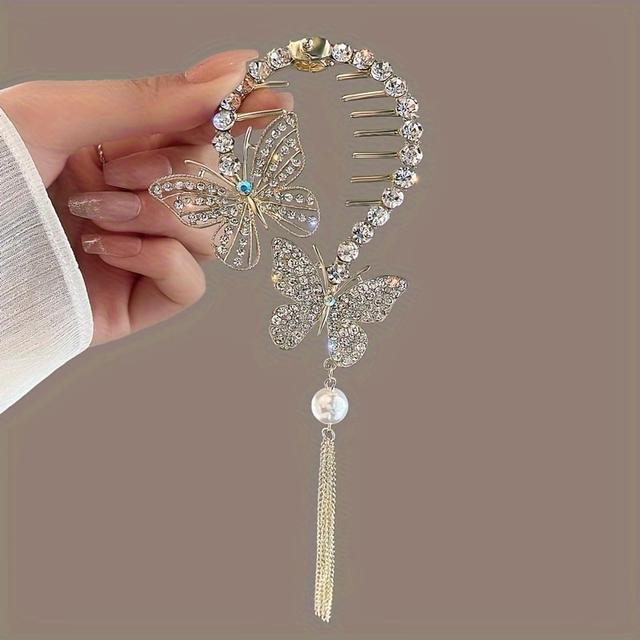 TEMU 1pc Elegant Bohemian Style Butterfly Hair Clip With Tassel, Imitation Crystal Luxury Hair Accessory For Updo And Ponytail