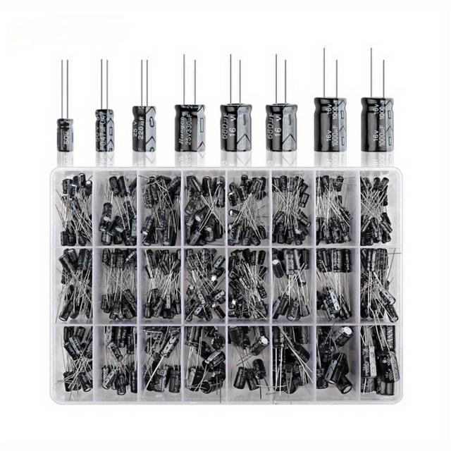 TEMU 500pcs Electrolytic Capacitor Kit - 24 Sizes (0.1uf-1000uf), 10v-50v, Metal Construction With Durable Plastic Storage Box
