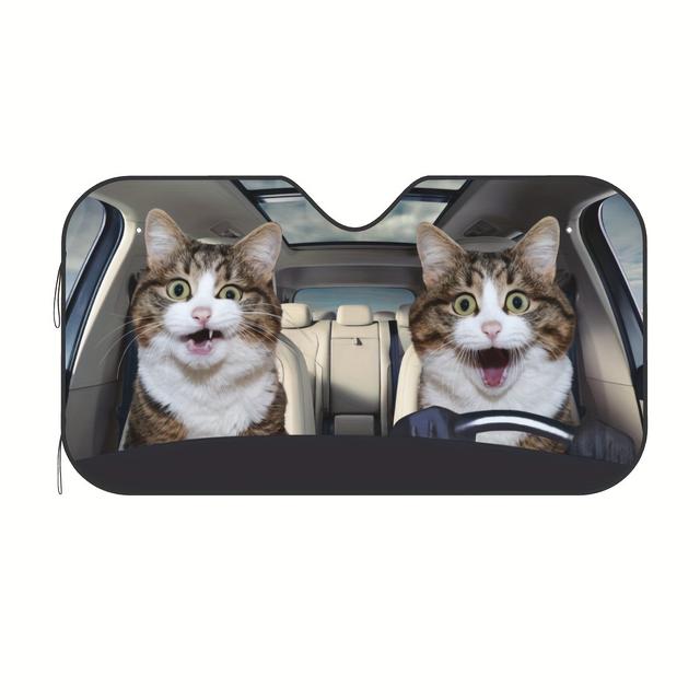 TEMU Adorable Cat Couple Car Windshield Sunshade - Premium Uv Protection & Interior Cooling - Fun Decor Visor For Suvs And More, Cat Car Accessories
